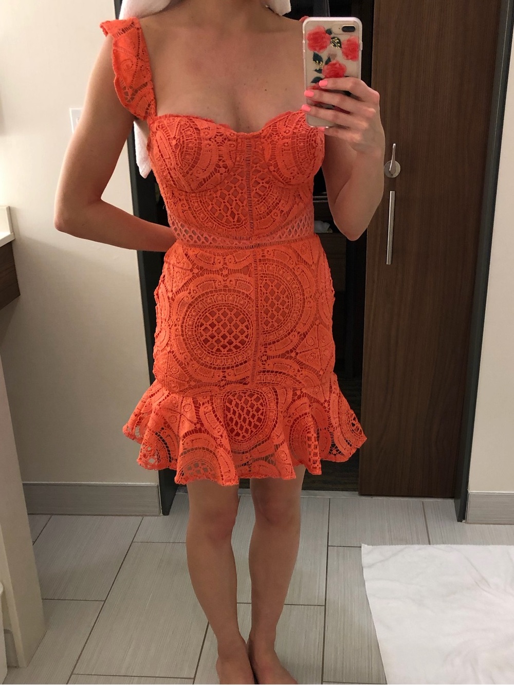 Boohoo Coral Lace Corset Mini Dress with Ruffle Hem Size S